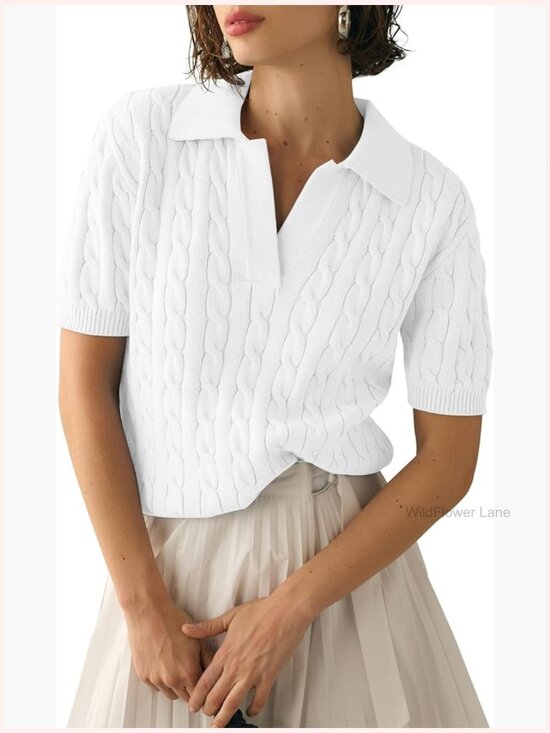 Sweaters - Short Sleeve V-Neck Cable Knit Sweater Top Soft Pullover